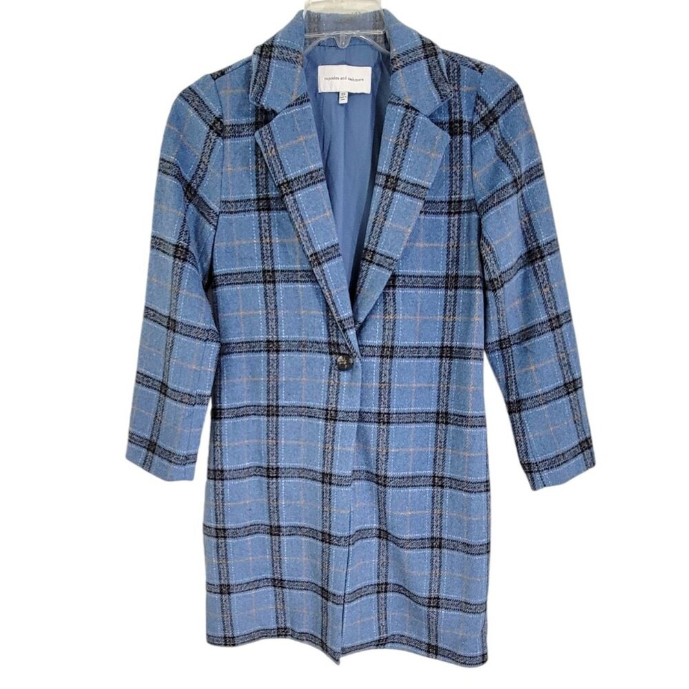 Cupcakes‎ and Cashmere Womens Coronet Blue Plaid Robyn Coat One Button Size XS